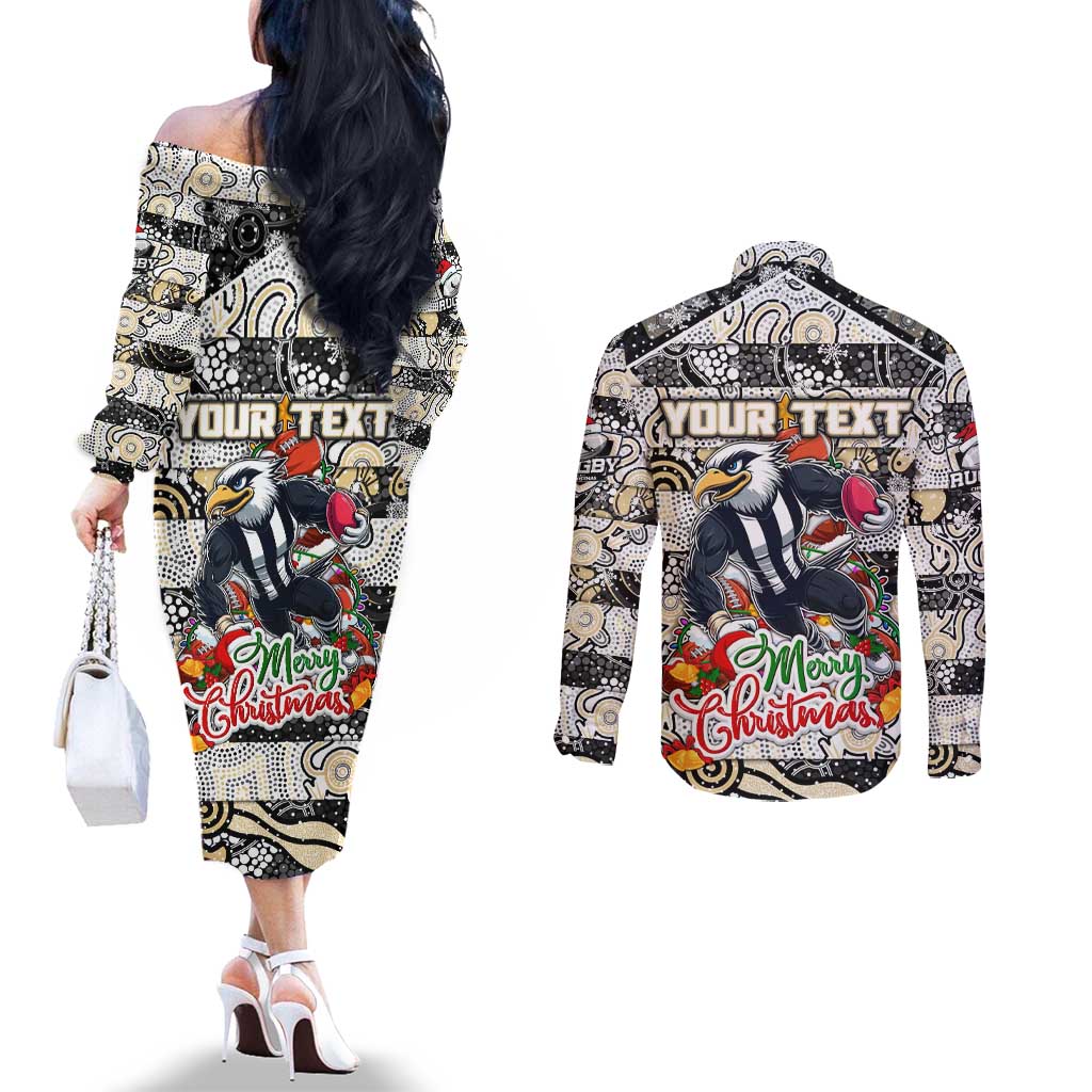 Custom Magpies Rugby Merry Christmas Couples Matching Off The Shoulder Long Sleeve Dress and Long Sleeve Button Shirt Indigenous Australian Art