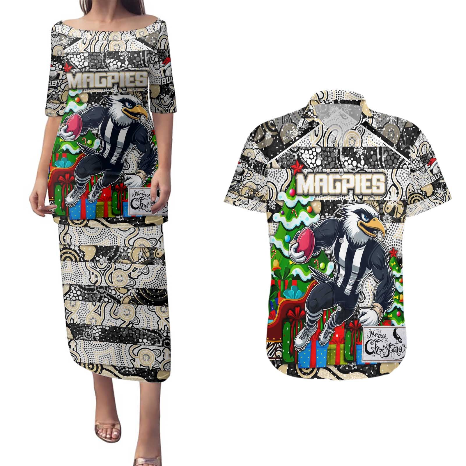 Custom Magpies Rugby Merry Christmas Couples Matching Puletasi and Hawaiian Shirt Indigenous Australian Art