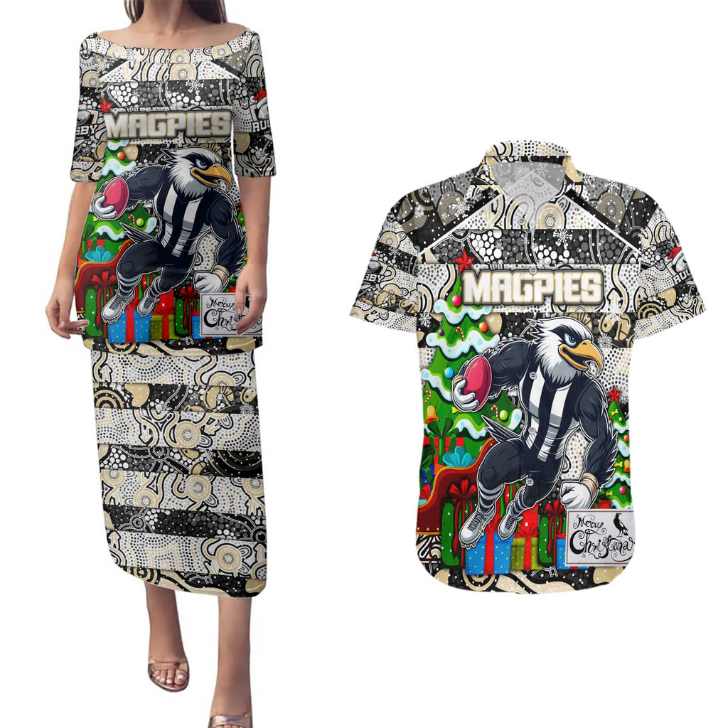 Custom Magpies Rugby Merry Christmas Couples Matching Puletasi and Hawaiian Shirt Indigenous Australian Art