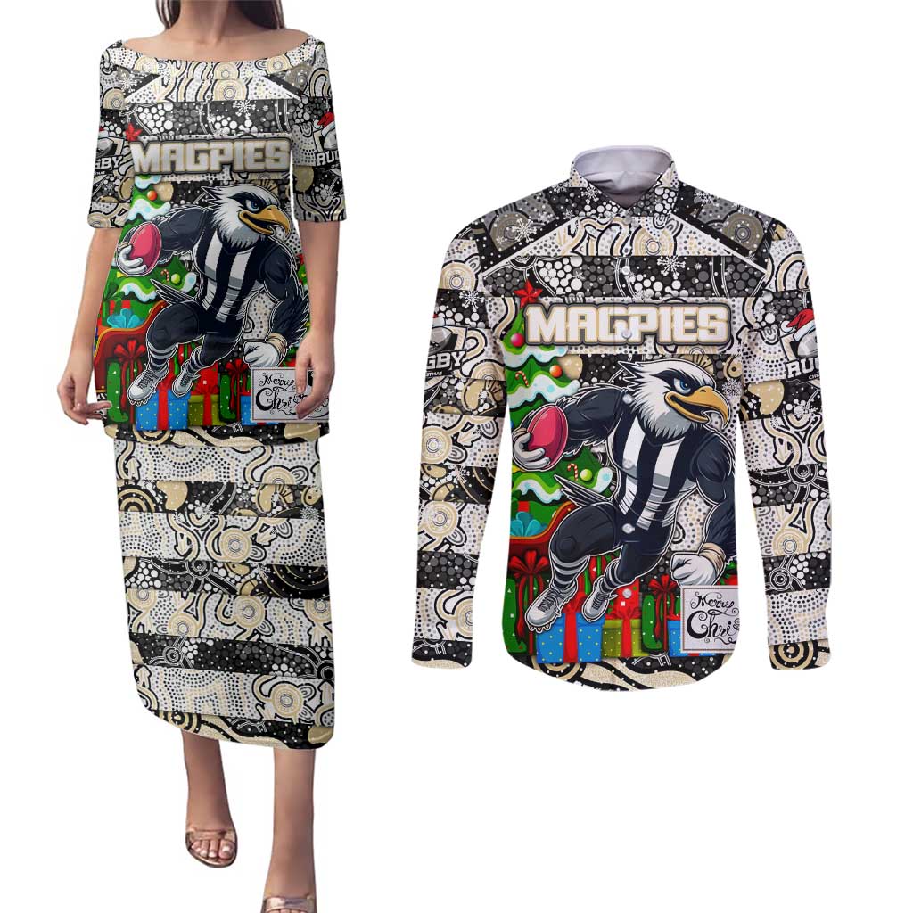 Custom Magpies Rugby Merry Christmas Couples Matching Puletasi and Long Sleeve Button Shirt Indigenous Australian Art