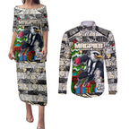 Custom Magpies Rugby Merry Christmas Couples Matching Puletasi and Long Sleeve Button Shirt Indigenous Australian Art
