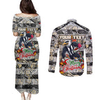 Custom Magpies Rugby Merry Christmas Couples Matching Puletasi and Long Sleeve Button Shirt Indigenous Australian Art