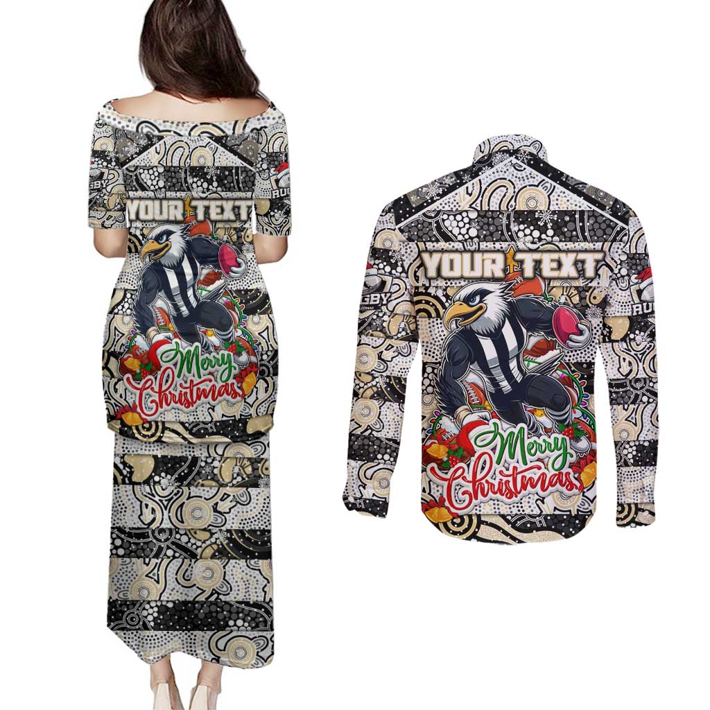Custom Magpies Rugby Merry Christmas Couples Matching Puletasi and Long Sleeve Button Shirt Indigenous Australian Art