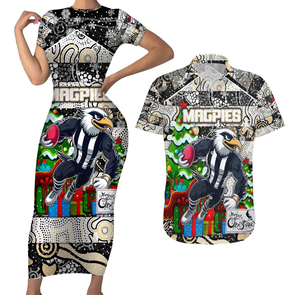 Custom Magpies Rugby Merry Christmas Couples Matching Short Sleeve Bodycon Dress and Hawaiian Shirt Indigenous Australian Art