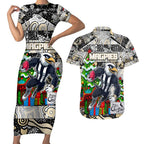 Custom Magpies Rugby Merry Christmas Couples Matching Short Sleeve Bodycon Dress and Hawaiian Shirt Indigenous Australian Art