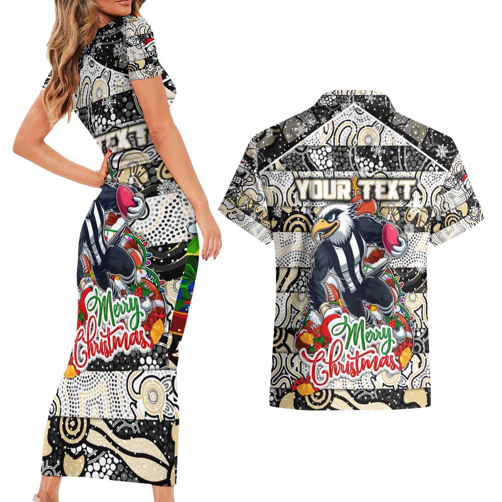 Custom Magpies Rugby Merry Christmas Couples Matching Short Sleeve Bodycon Dress and Hawaiian Shirt Indigenous Australian Art