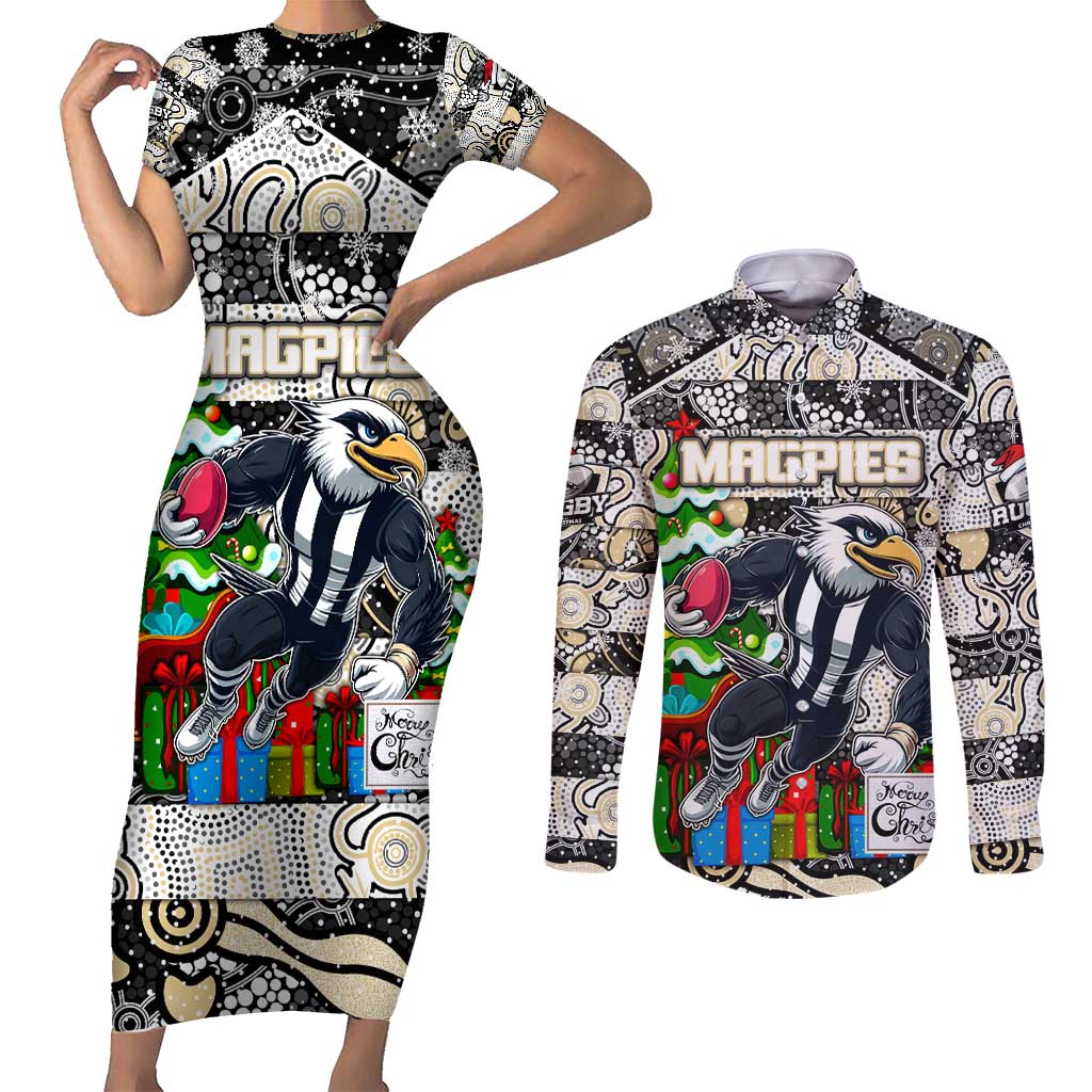 Custom Magpies Rugby Merry Christmas Couples Matching Short Sleeve Bodycon Dress and Long Sleeve Button Shirt Indigenous Australian Art