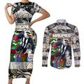 Custom Magpies Rugby Merry Christmas Couples Matching Short Sleeve Bodycon Dress and Long Sleeve Button Shirt Indigenous Australian Art
