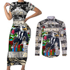 Custom Magpies Rugby Merry Christmas Couples Matching Short Sleeve Bodycon Dress and Long Sleeve Button Shirt Indigenous Australian Art