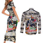 Custom Magpies Rugby Merry Christmas Couples Matching Short Sleeve Bodycon Dress and Long Sleeve Button Shirt Indigenous Australian Art