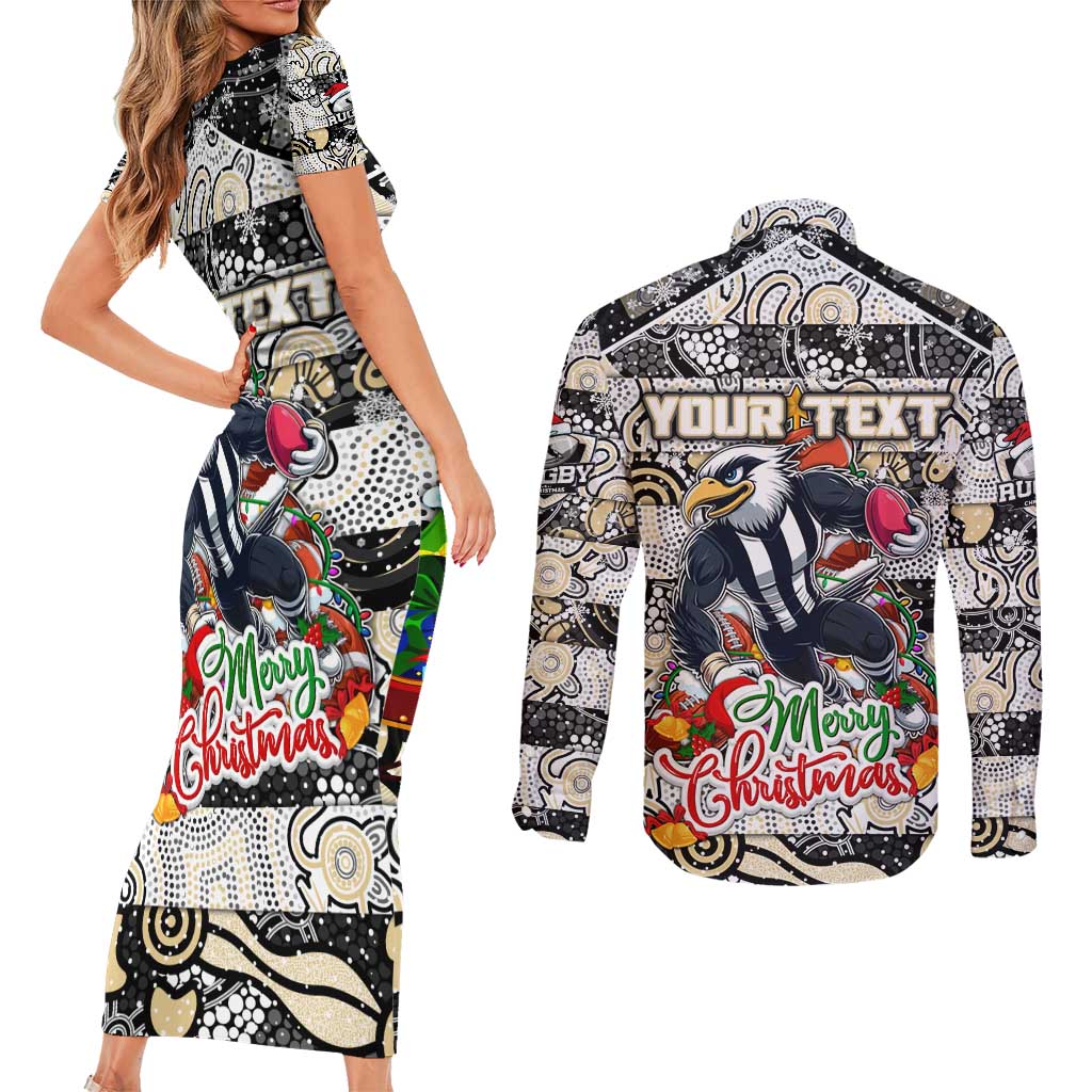 Custom Magpies Rugby Merry Christmas Couples Matching Short Sleeve Bodycon Dress and Long Sleeve Button Shirt Indigenous Australian Art