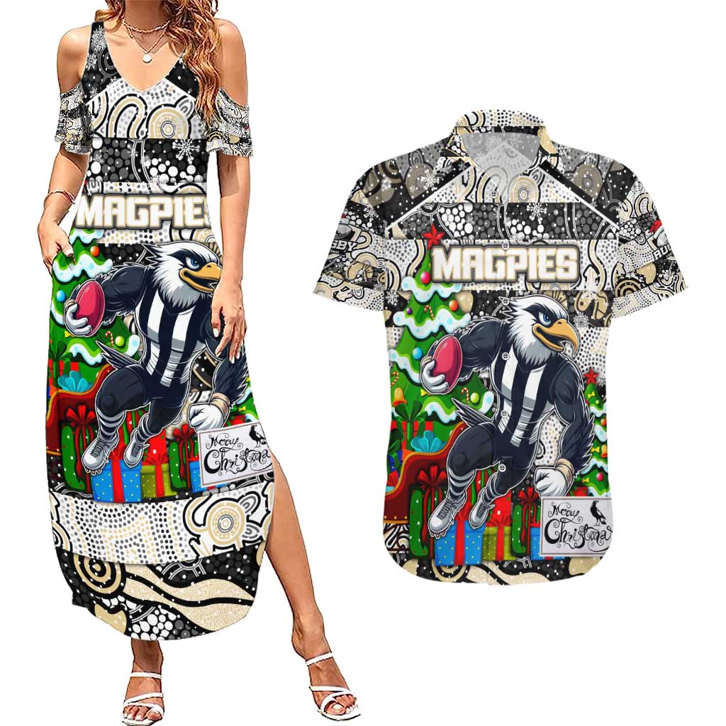 Custom Magpies Rugby Merry Christmas Couples Matching Summer Maxi Dress and Hawaiian Shirt Indigenous Australian Art