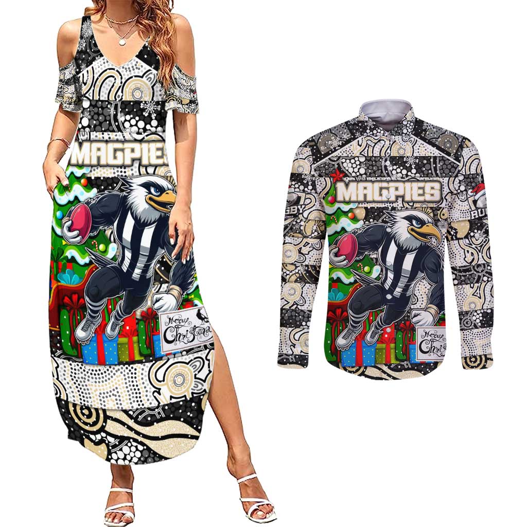 Custom Magpies Rugby Merry Christmas Couples Matching Summer Maxi Dress and Long Sleeve Button Shirt Indigenous Australian Art