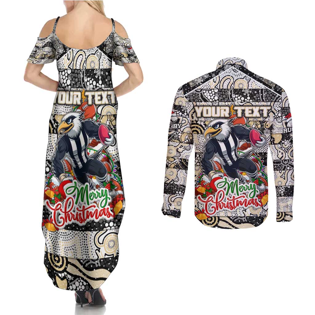 Custom Magpies Rugby Merry Christmas Couples Matching Summer Maxi Dress and Long Sleeve Button Shirt Indigenous Australian Art