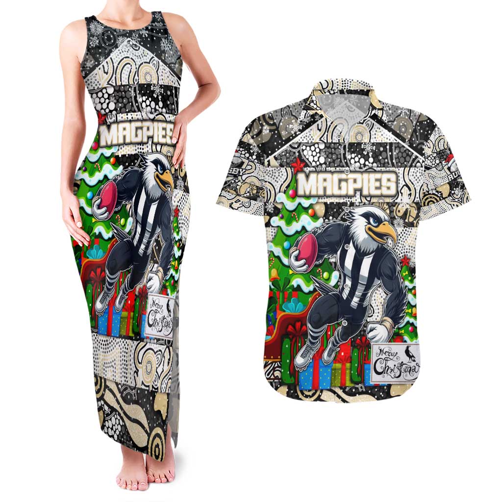 Custom Magpies Rugby Merry Christmas Couples Matching Tank Maxi Dress and Hawaiian Shirt Indigenous Australian Art