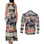 Custom Magpies Rugby Merry Christmas Couples Matching Tank Maxi Dress and Long Sleeve Button Shirt Indigenous Australian Art