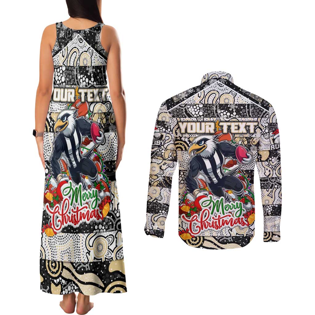 Custom Magpies Rugby Merry Christmas Couples Matching Tank Maxi Dress and Long Sleeve Button Shirt Indigenous Australian Art