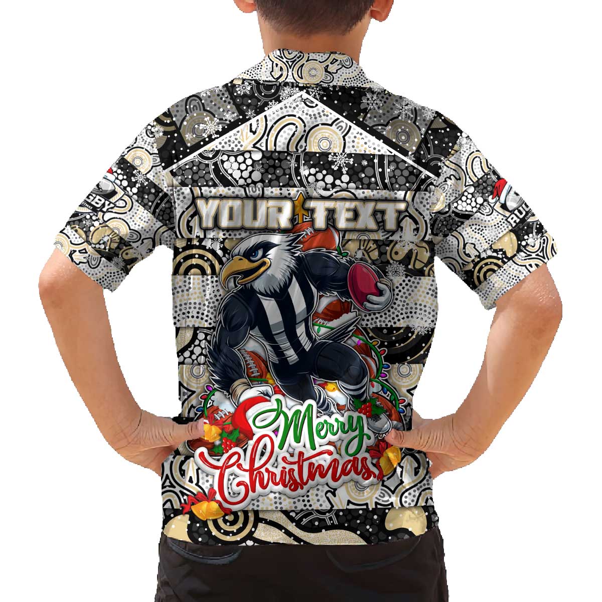 Custom Magpies Rugby Merry Christmas Family Matching Off The Shoulder Long Sleeve Dress and Hawaiian Shirt Indigenous Australian Art