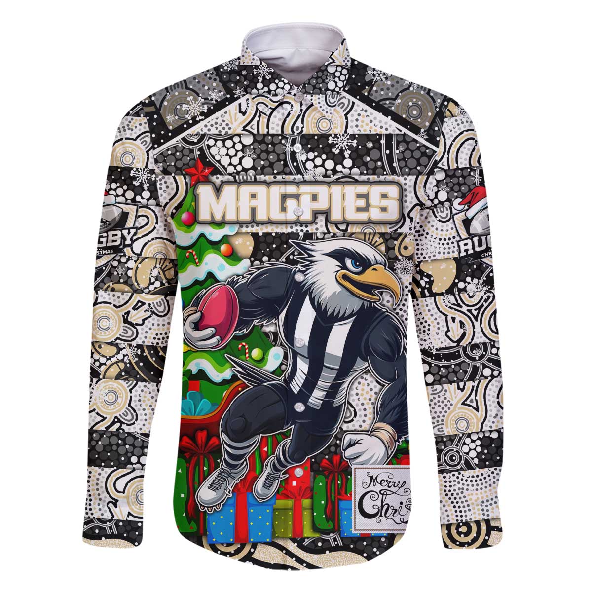 Custom Magpies Rugby Merry Christmas Family Matching Off The Shoulder Long Sleeve Dress and Hawaiian Shirt Indigenous Australian Art