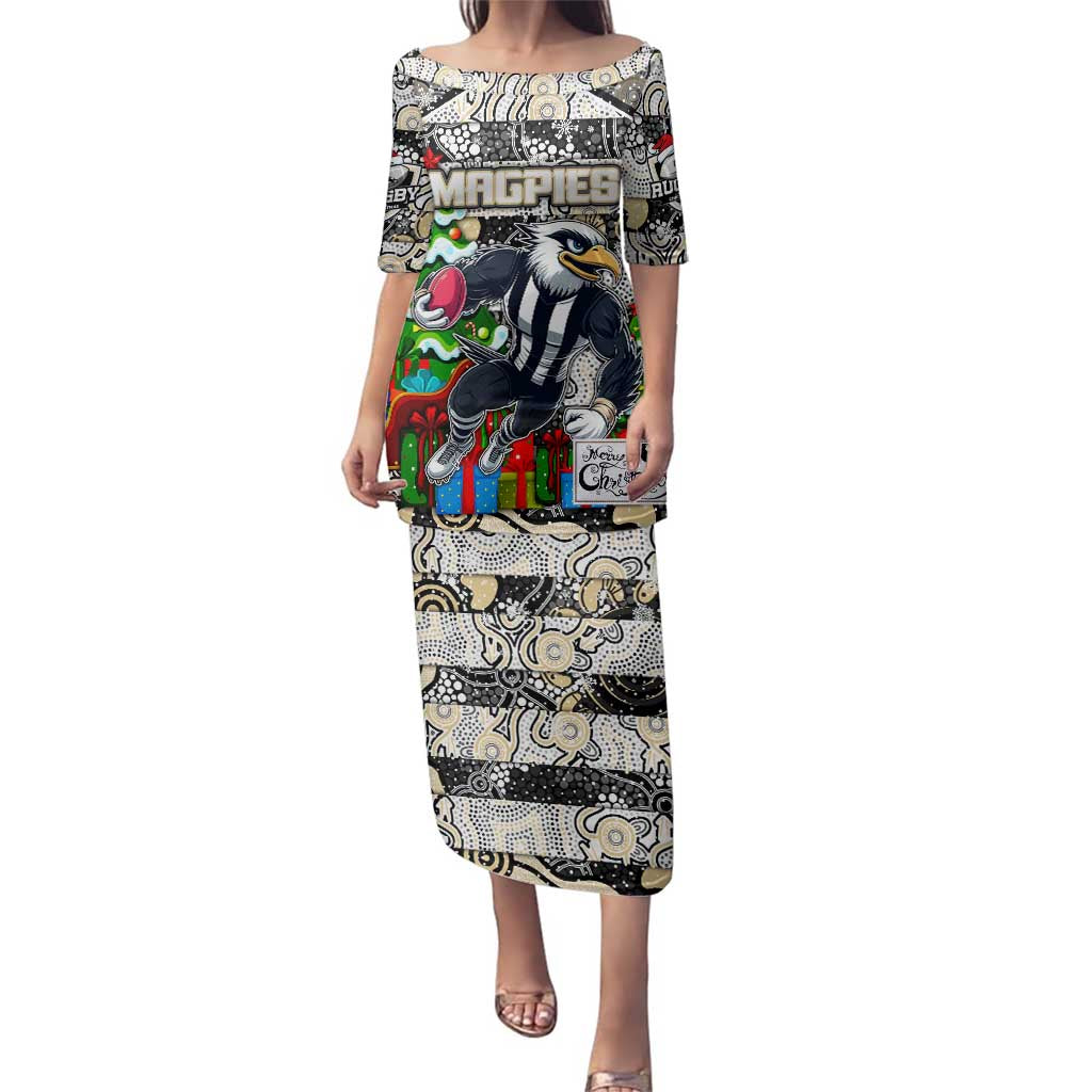 Custom Magpies Rugby Merry Christmas Family Matching Puletasi and Hawaiian Shirt Indigenous Australian Art