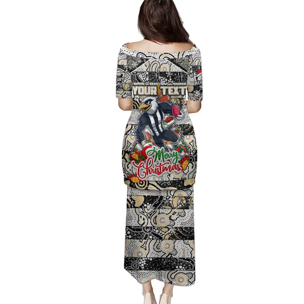 Custom Magpies Rugby Merry Christmas Family Matching Puletasi and Hawaiian Shirt Indigenous Australian Art