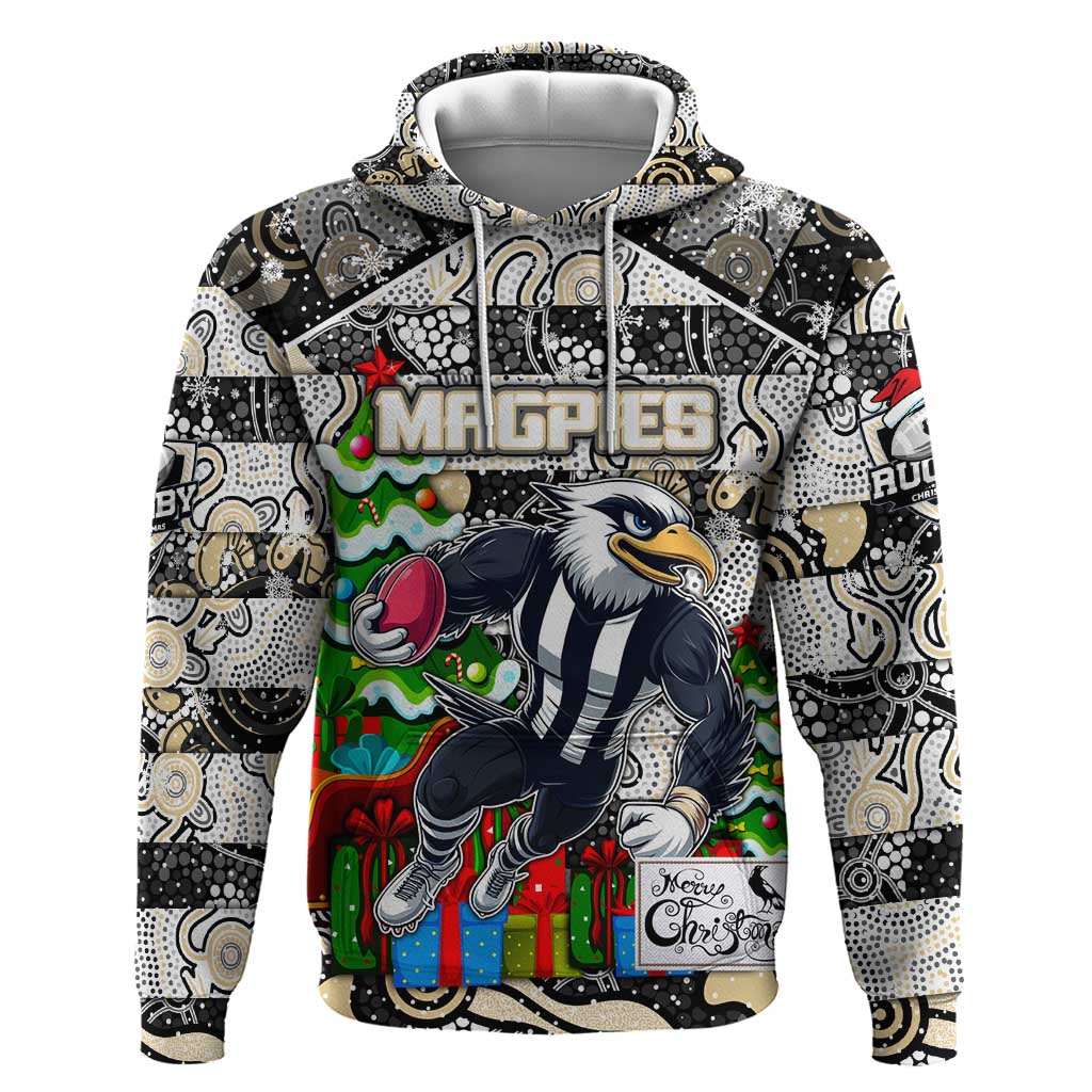 Custom Magpies Rugby Merry Christmas Hoodie Indigenous Australian Art