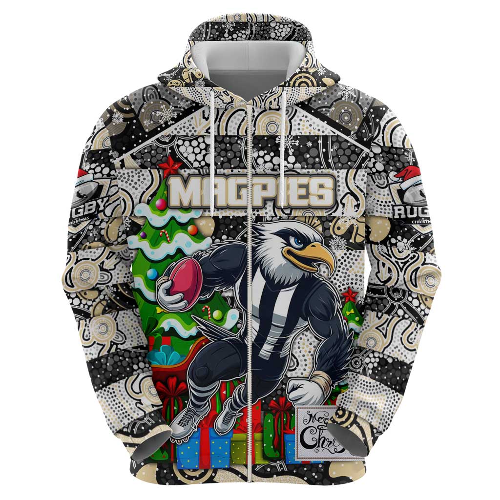 Custom Magpies Rugby Merry Christmas Hoodie Indigenous Australian Art