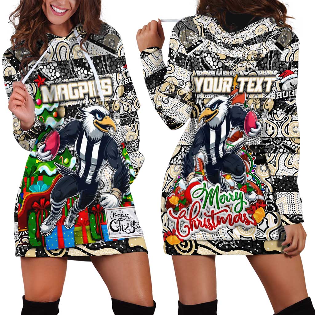 Custom Magpies Rugby Merry Christmas Hoodie Dress Indigenous Australian Art