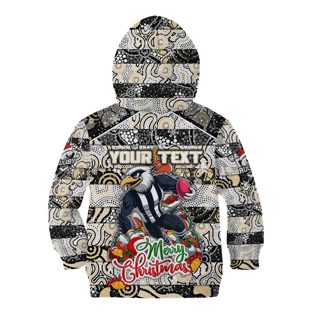 Custom Magpies Rugby Merry Christmas Kid Hoodie Indigenous Australian Art