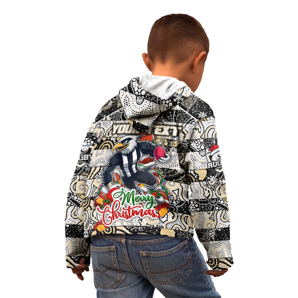 Custom Magpies Rugby Merry Christmas Kid Hoodie Indigenous Australian Art