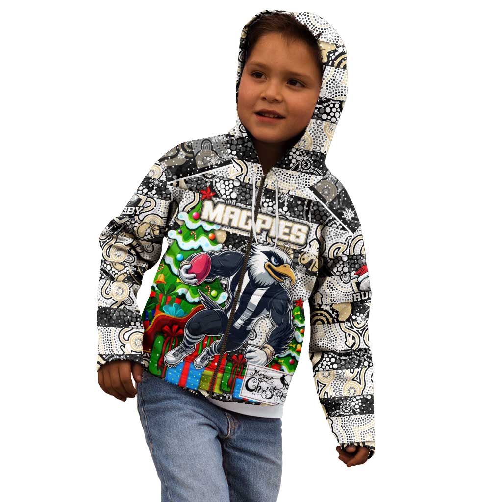 Custom Magpies Rugby Merry Christmas Kid Hoodie Indigenous Australian Art