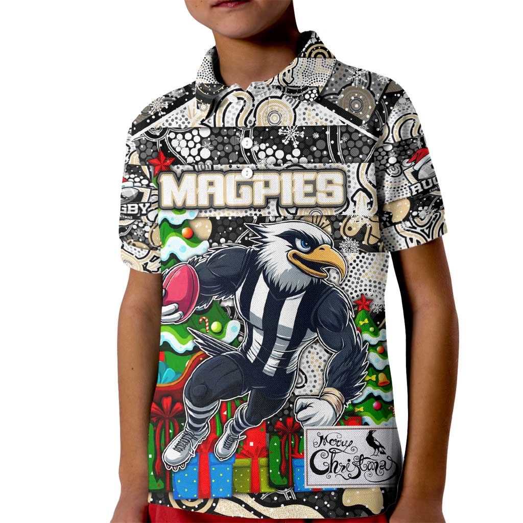 Custom Magpies Rugby Merry Christmas Kid Polo Shirt Indigenous Australian Art