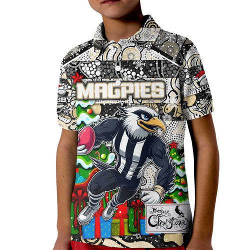 Custom Magpies Rugby Merry Christmas Kid Polo Shirt Indigenous Australian Art