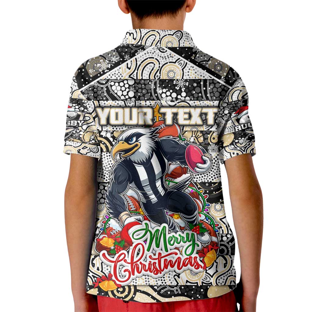 Custom Magpies Rugby Merry Christmas Kid Polo Shirt Indigenous Australian Art