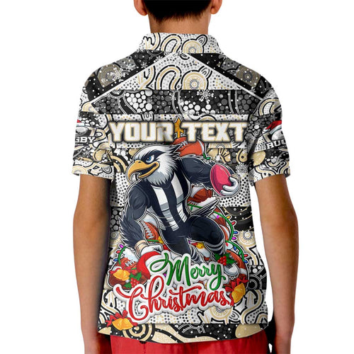 Custom Magpies Rugby Merry Christmas Kid Polo Shirt Indigenous Australian Art