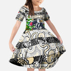 Custom Magpies Rugby Merry Christmas Kid Short Sleeve Dress Indigenous Australian Art