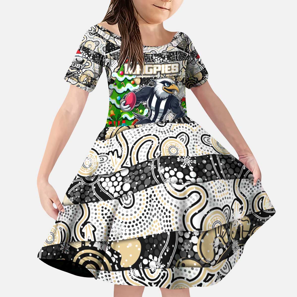 Custom Magpies Rugby Merry Christmas Kid Short Sleeve Dress Indigenous Australian Art