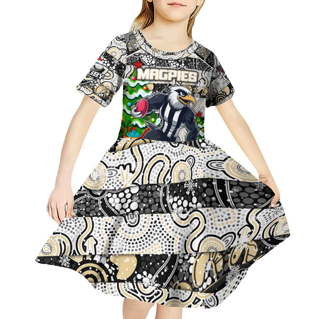 Custom Magpies Rugby Merry Christmas Kid Short Sleeve Dress Indigenous Australian Art