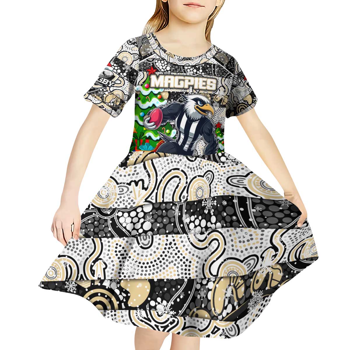 Custom Magpies Rugby Merry Christmas Kid Short Sleeve Dress Indigenous Australian Art