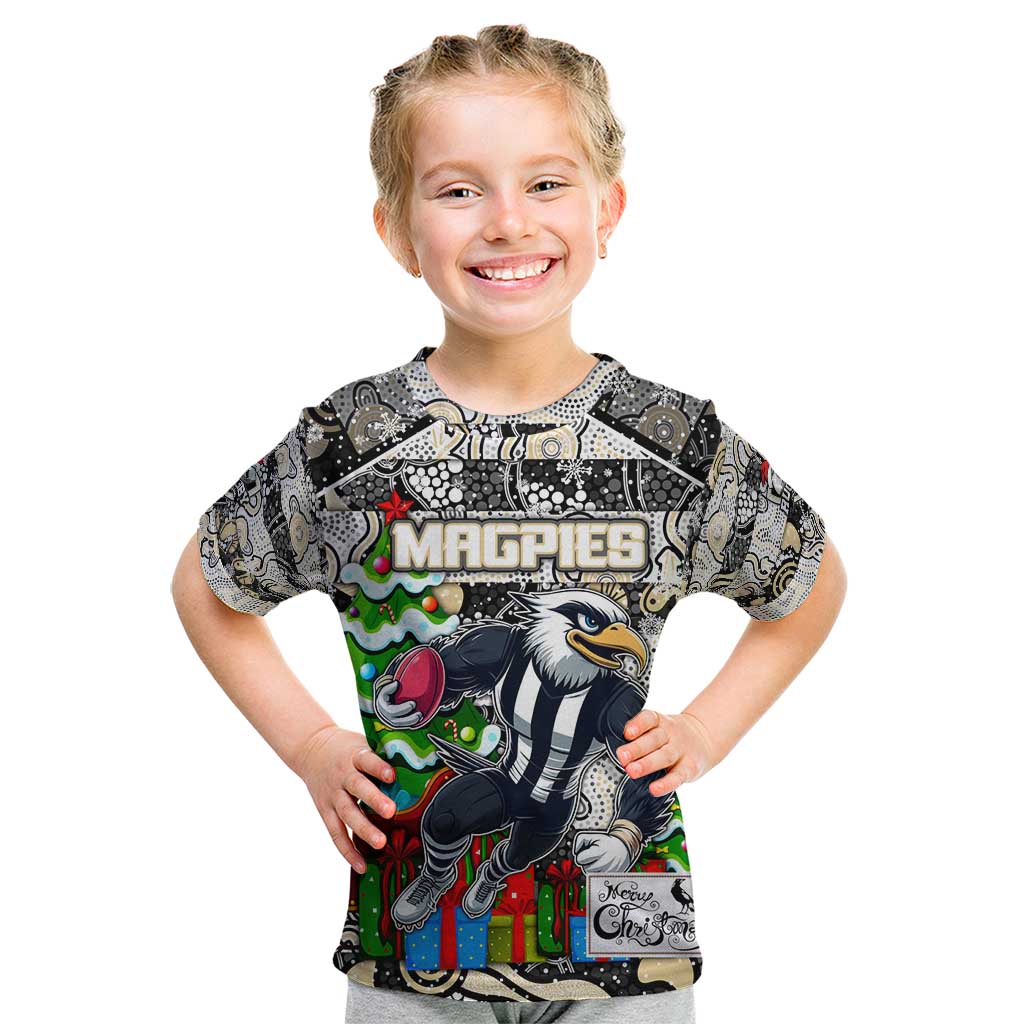 Custom Magpies Rugby Merry Christmas Kid T Shirt Indigenous Australian Art