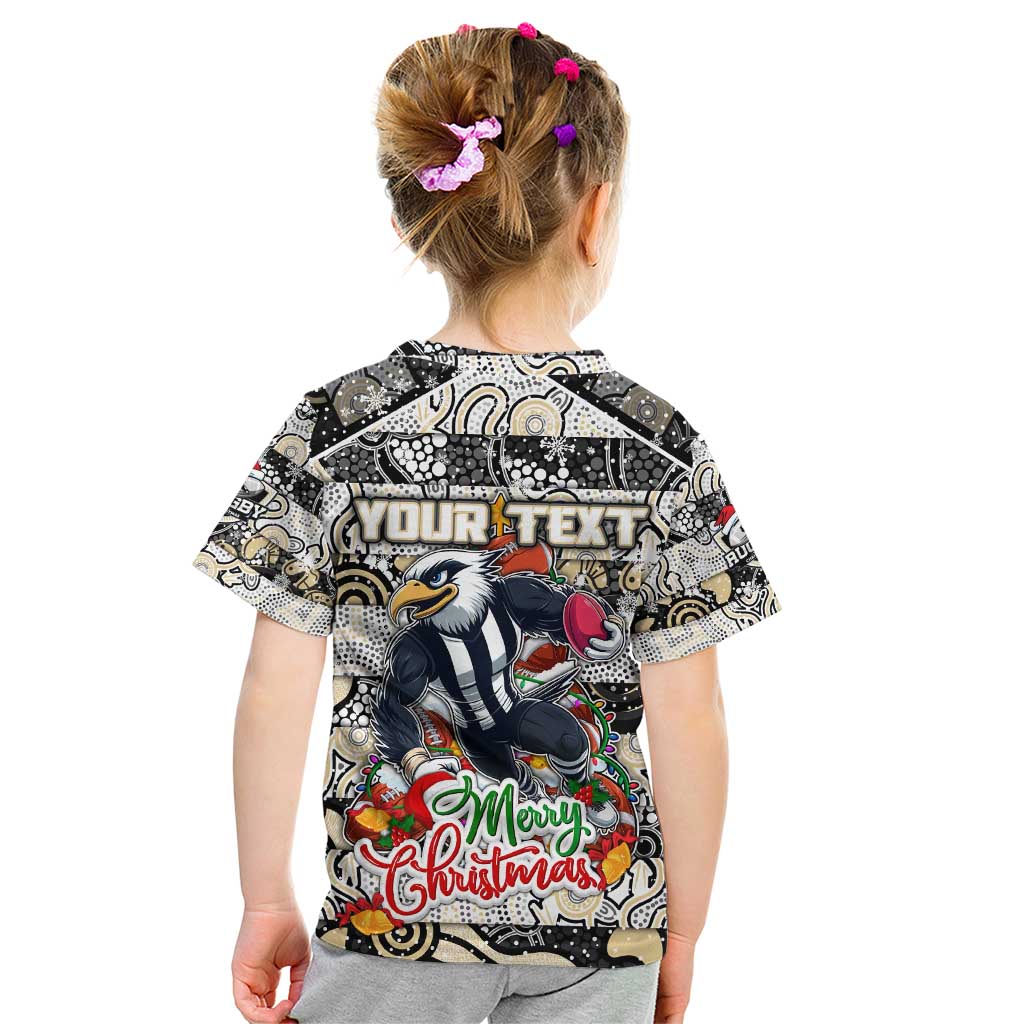 Custom Magpies Rugby Merry Christmas Kid T Shirt Indigenous Australian Art