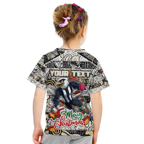Custom Magpies Rugby Merry Christmas Kid T Shirt Indigenous Australian Art