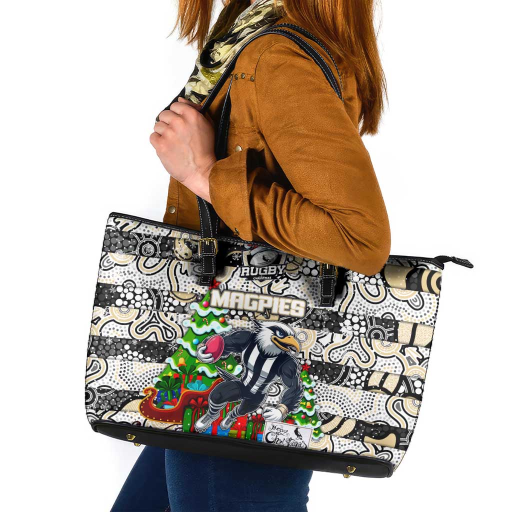 Magpies Football Merry Christmas Leather Tote Bag Indigenous Australian Art