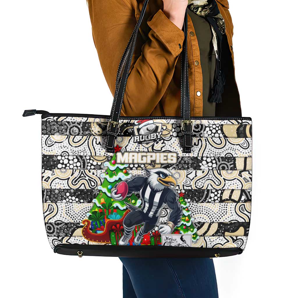 Magpies Football Merry Christmas Leather Tote Bag Indigenous Australian Art