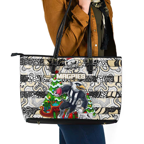 Magpies Football Merry Christmas Leather Tote Bag Indigenous Australian Art