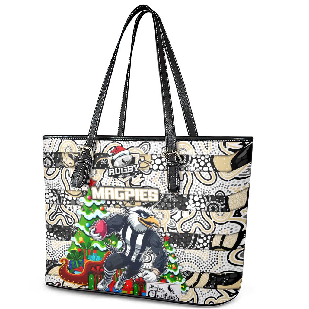 Magpies Football Merry Christmas Leather Tote Bag Indigenous Australian Art