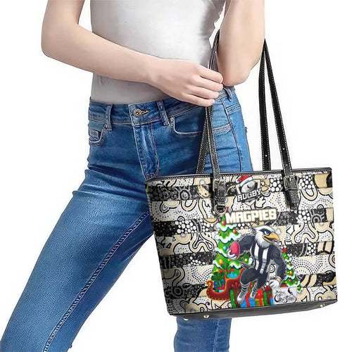 Magpies Football Merry Christmas Leather Tote Bag Indigenous Australian Art