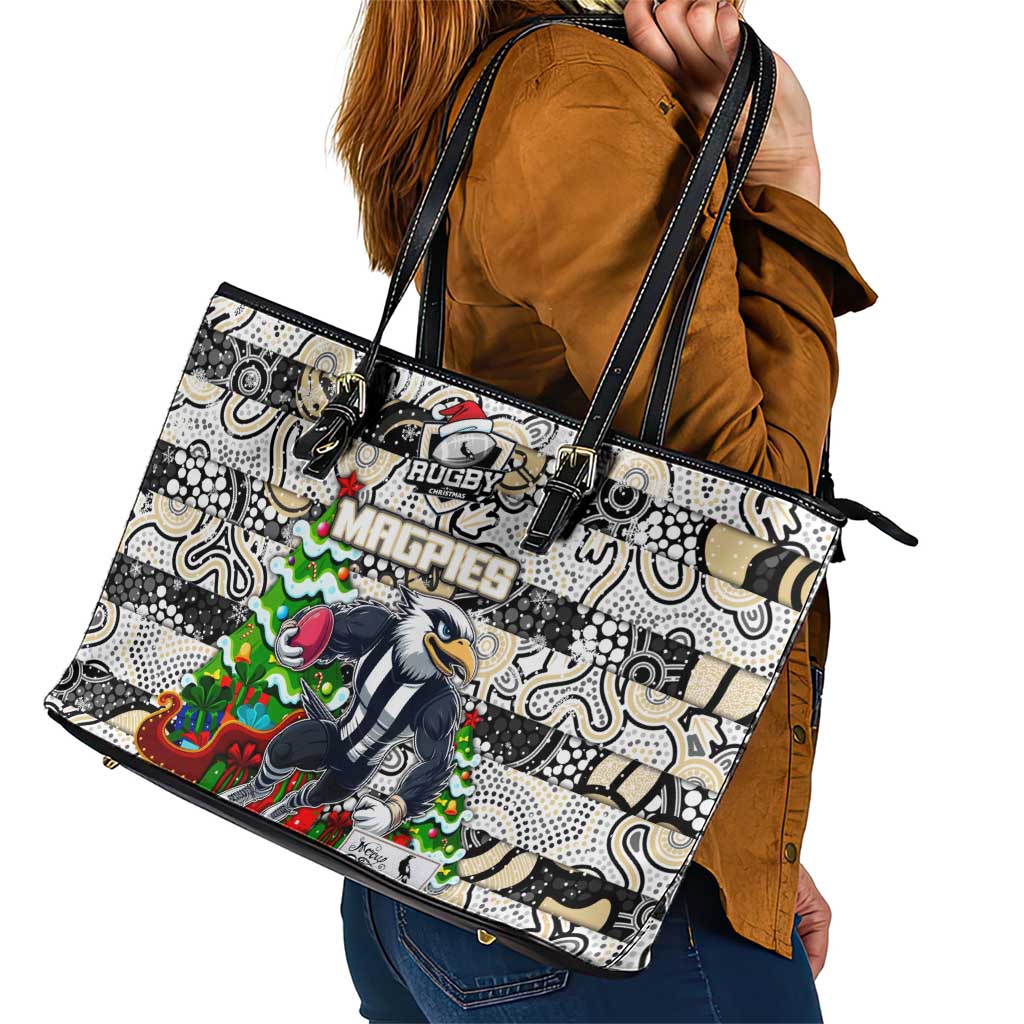 Magpies Football Merry Christmas Leather Tote Bag Indigenous Australian Art