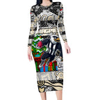 Custom Magpies Rugby Merry Christmas Long Sleeve Bodycon Dress Indigenous Australian Art