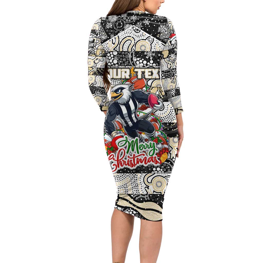 Custom Magpies Rugby Merry Christmas Long Sleeve Bodycon Dress Indigenous Australian Art